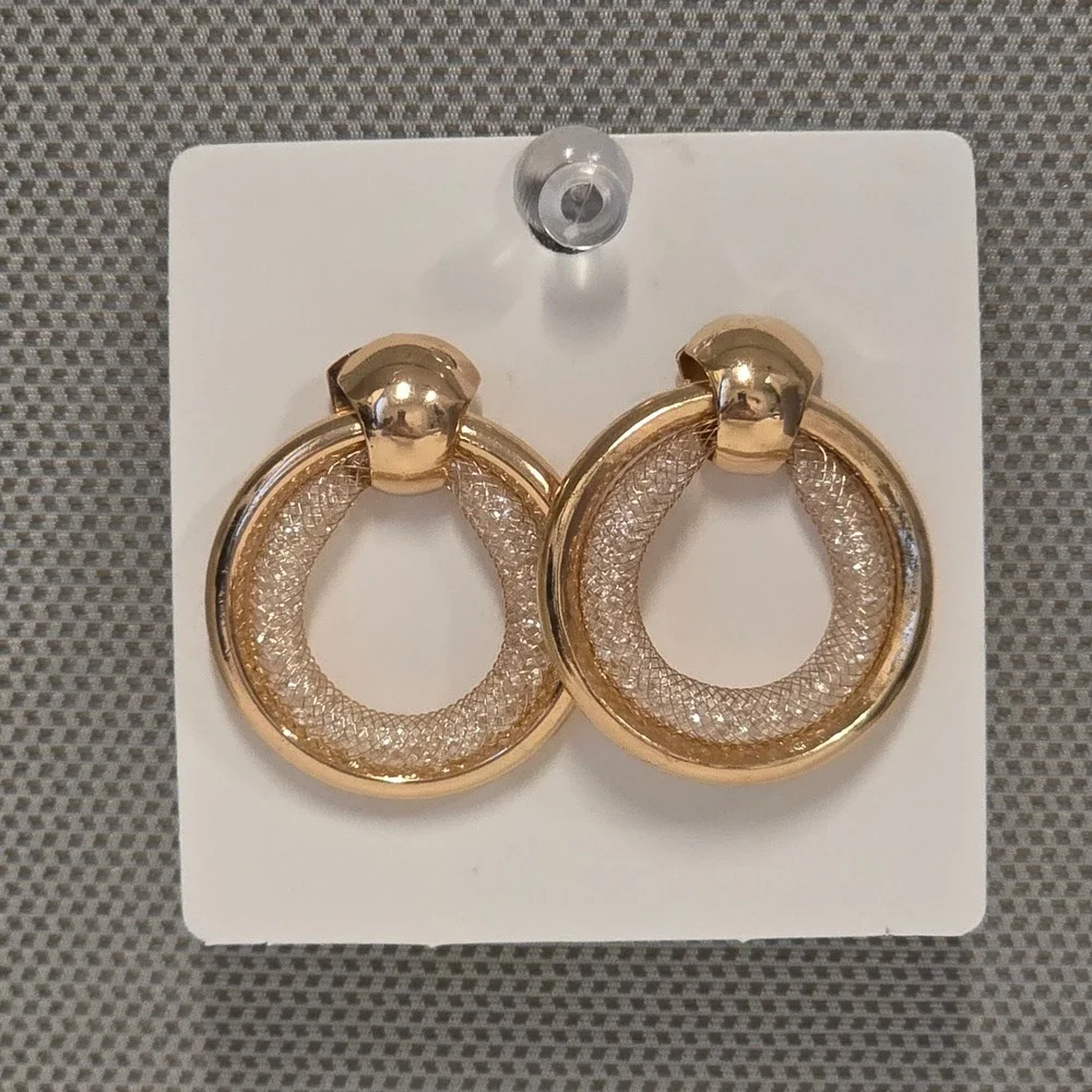 Gold Tone Mesh Door Knocker Hoop Earrings Post Back Textured Circular Drop NEW